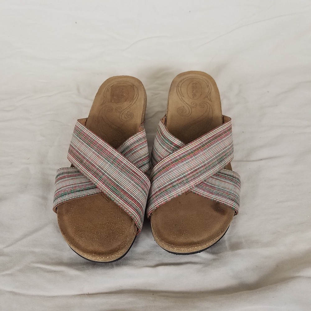 Taos Slide Sandals Womens 9-9.5 Multi‎ Color Striped Cork Footbed Crisscross